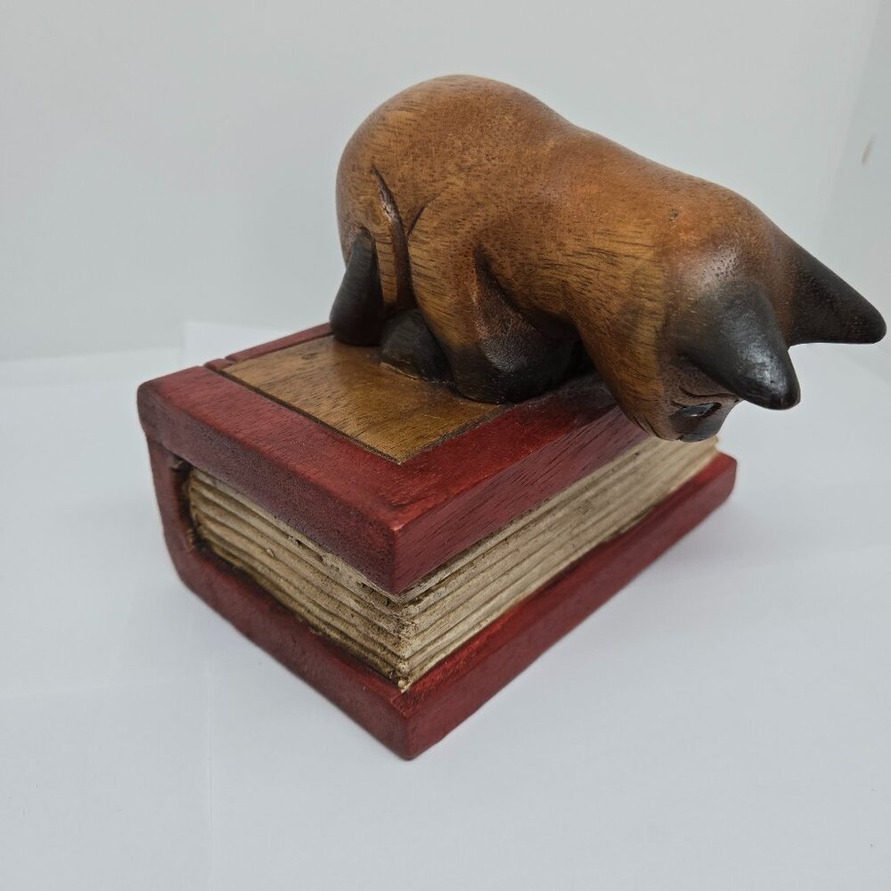 Hand Painted / Stained Wooden Cat / Kitten on a Book Trinket Box